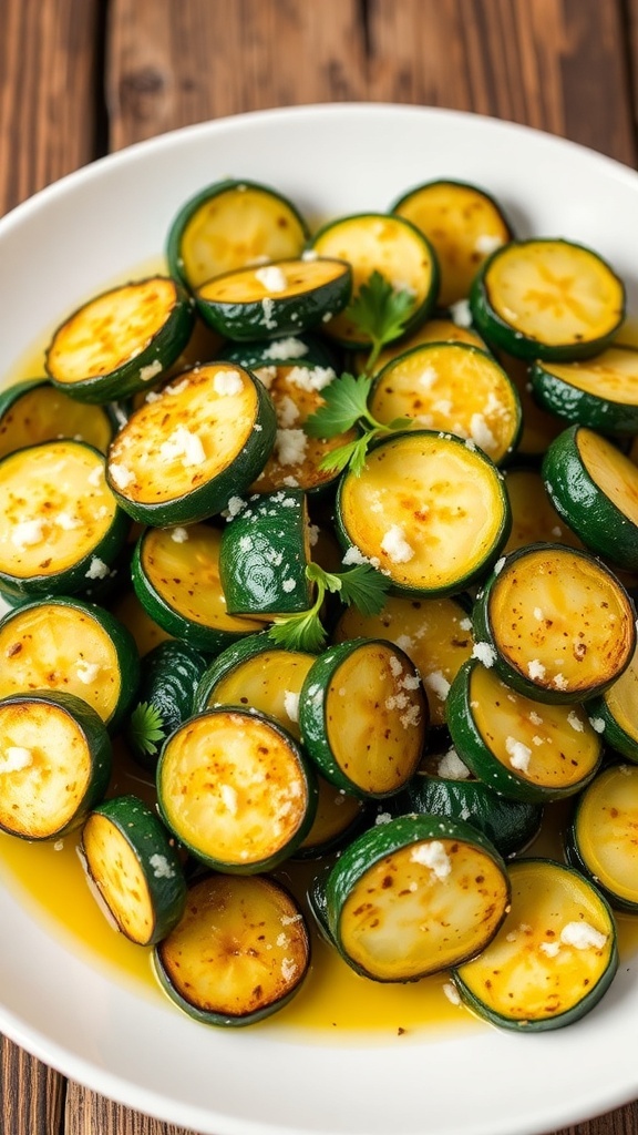 Sautéed zucchini slices with garlic and parmesan cheese, garnished with parsley on a rustic table.